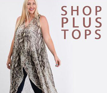 Banner featuring woman wearing a plus size top and Shop plus tops in text