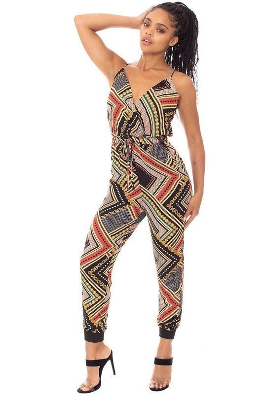 Multi-Color Spaghetti Strap Print Wrap Drawstring Jumpsuit - Shopping Therapy, LLC jumpsuit
