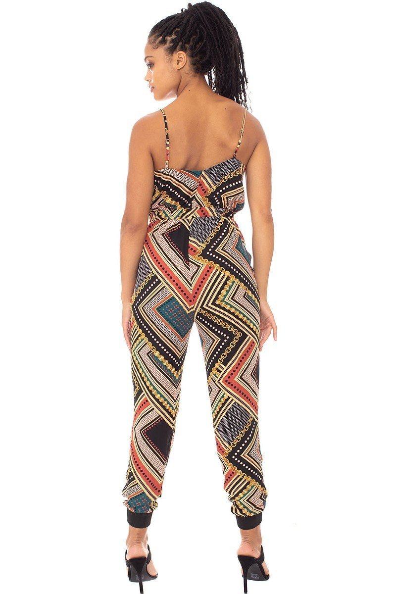 Multi-Color Spaghetti Strap Print Wrap Drawstring Jumpsuit - Shopping Therapy, LLC jumpsuit