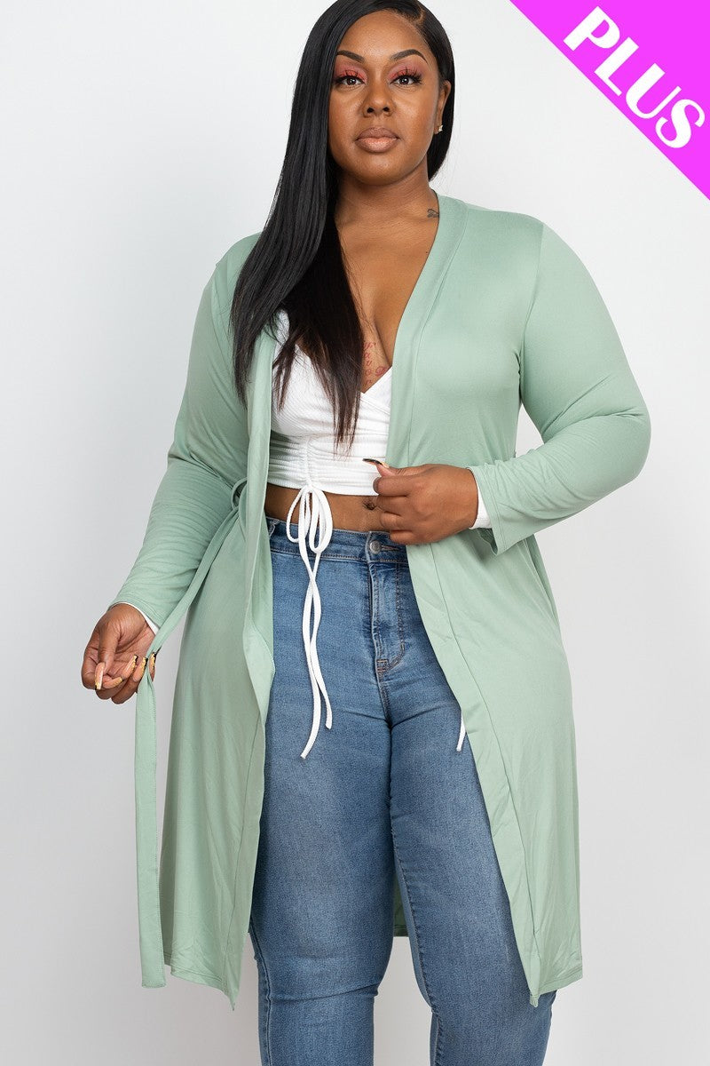 Minty Green Plus Long Sleeve Belted Cardigan - Shopping Therapy, LLC Cardigan