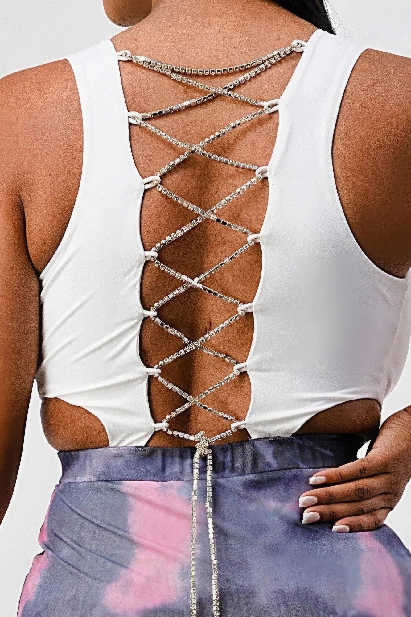 Pink Mini Skirt With Detachable Rhinestone Cross-Back Top - Shopping Therapy, LLC Outfit Sets