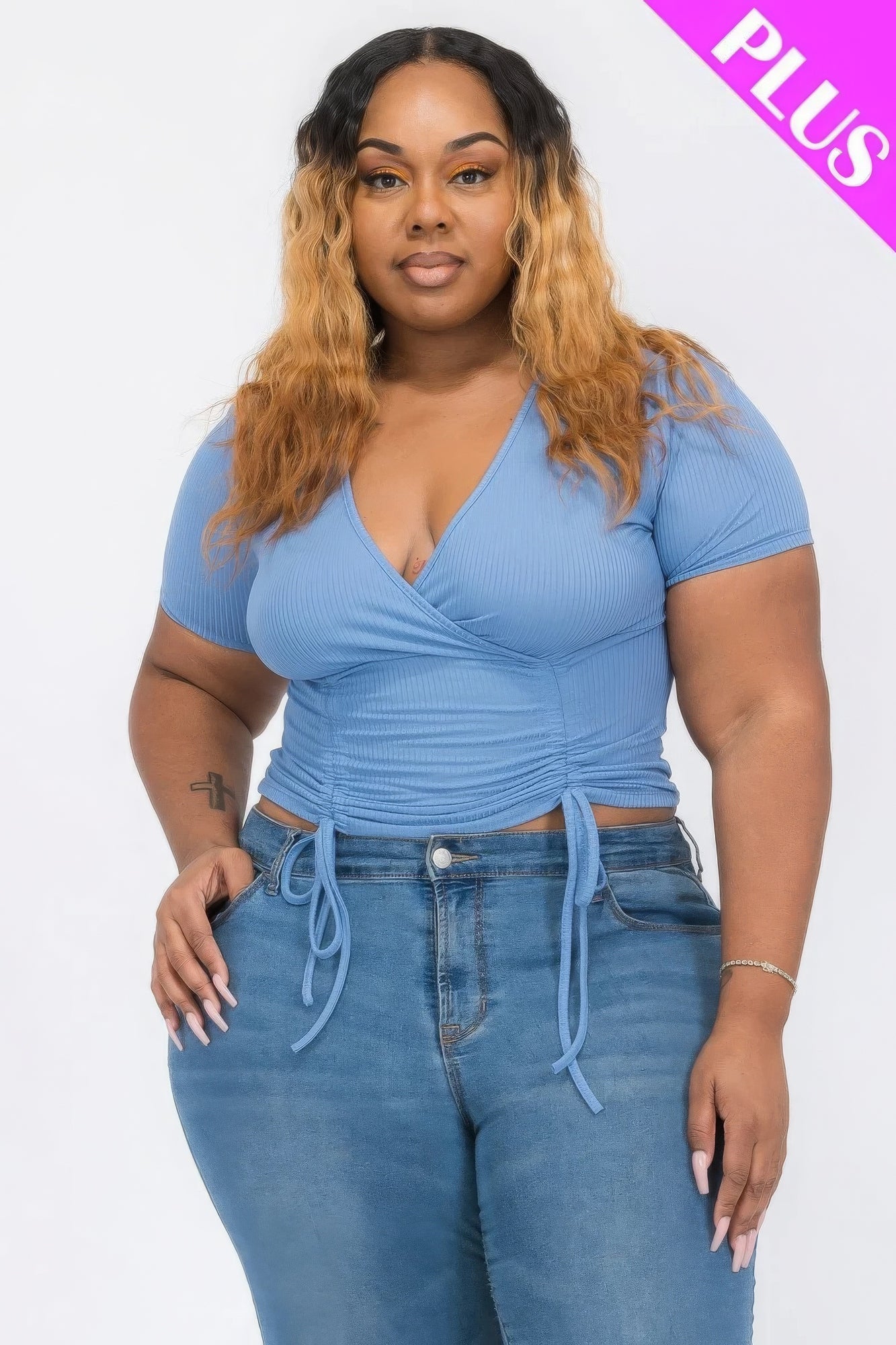 Plus Size Ruched Surplice Top In Sky Blue - Shopping Therapy, LLC Tops