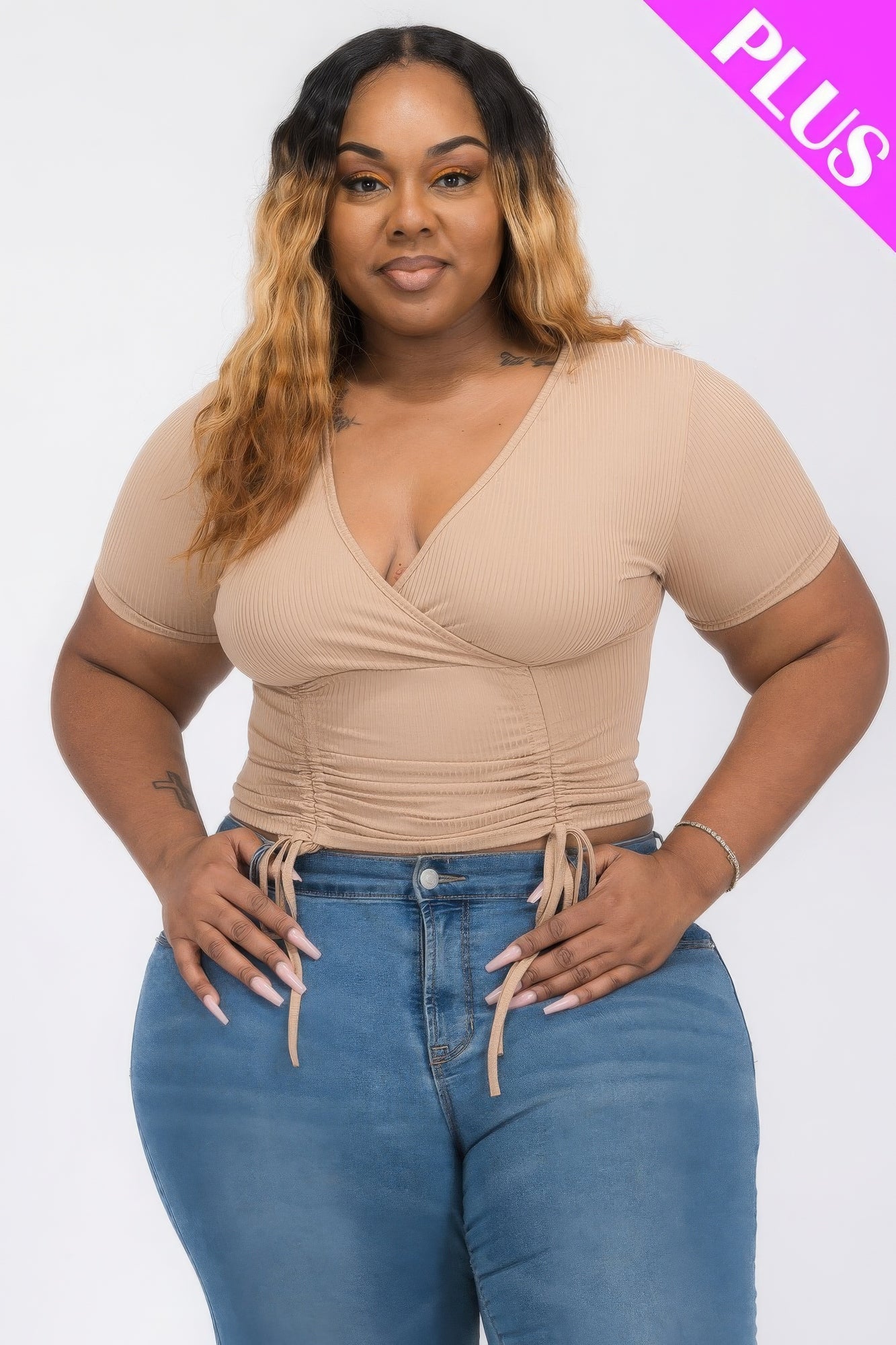 Plus Ruched Surplice Top - Chic & Stylish in Latte - Shopping Therapy, LLC Tops