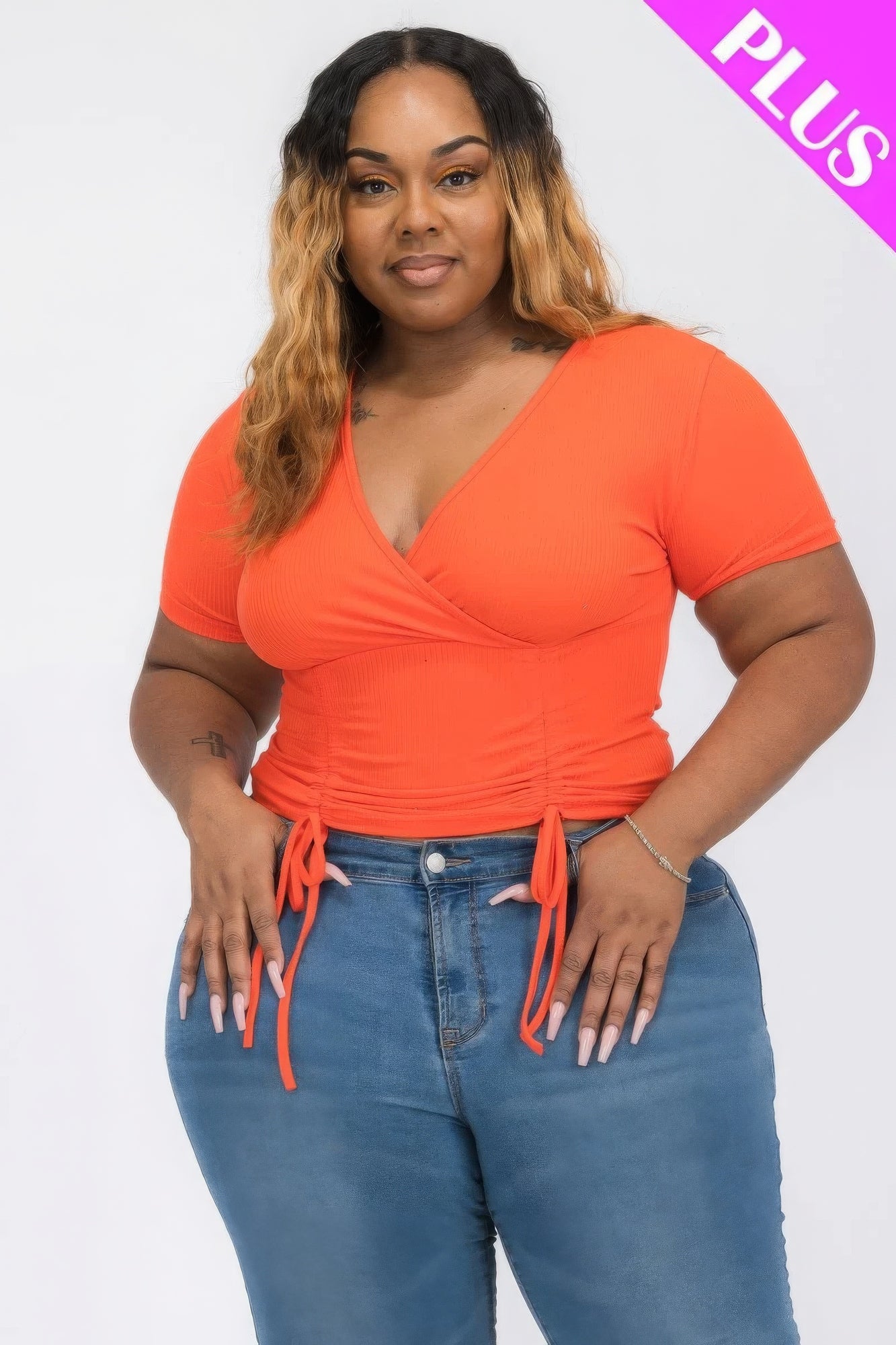Plus Size Ruched Surplice Top - Stylish & Comfortable in Vibrant Orange - Shopping Therapy, LLC Tops