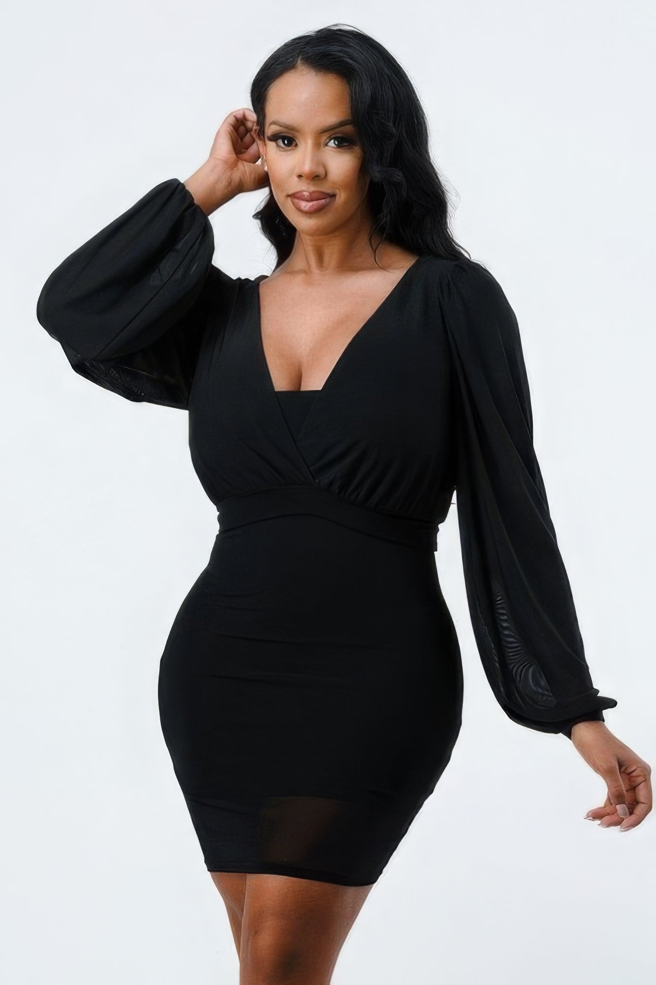 Black Mesh V-Neck Balloon Sleeve Bodycon Dress - Shopping Therapy, LLC Dress