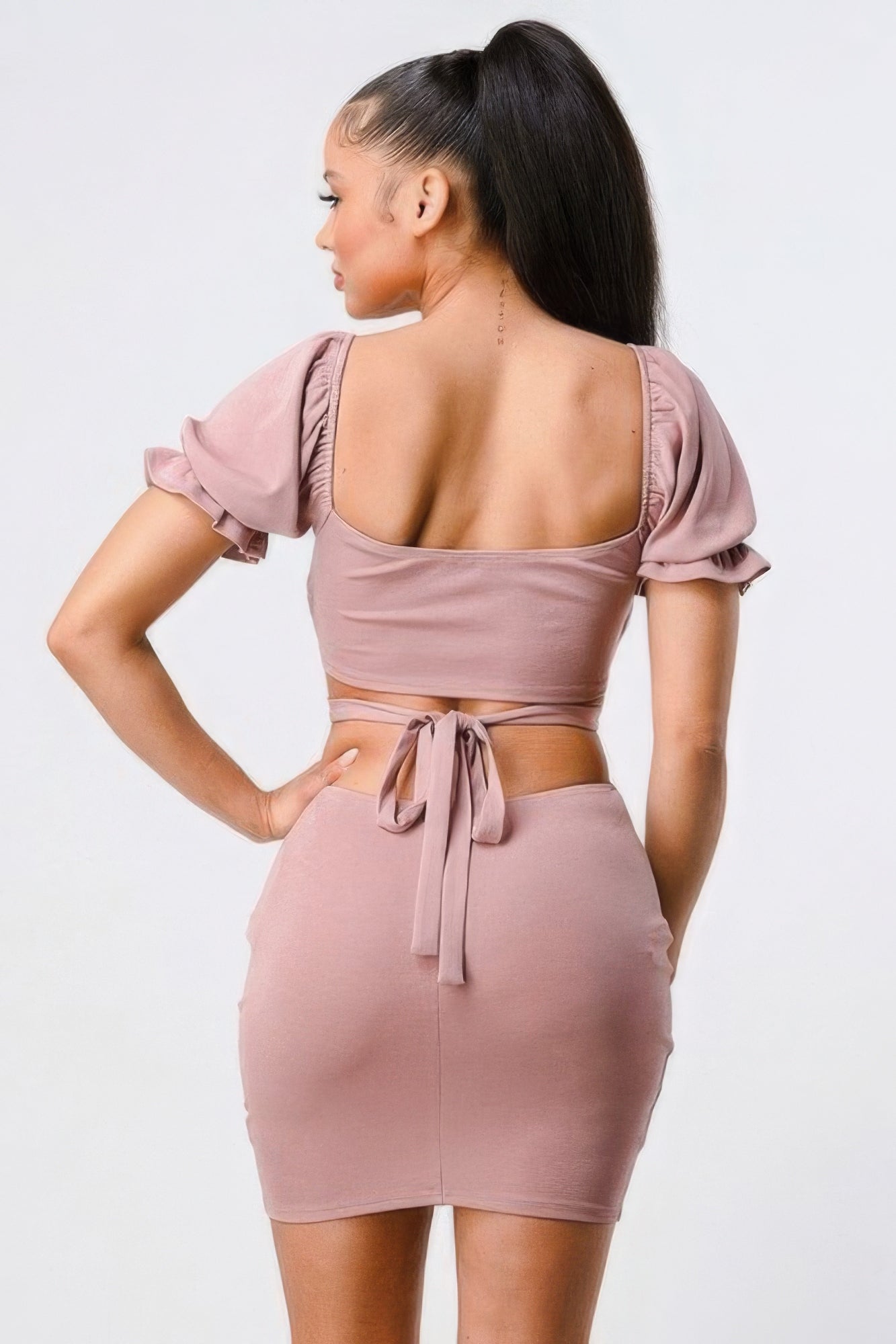 Mauve Back-Tie Ruffle Sleeve Cutout Bodycon Dress - Shopping Therapy, LLC Dress