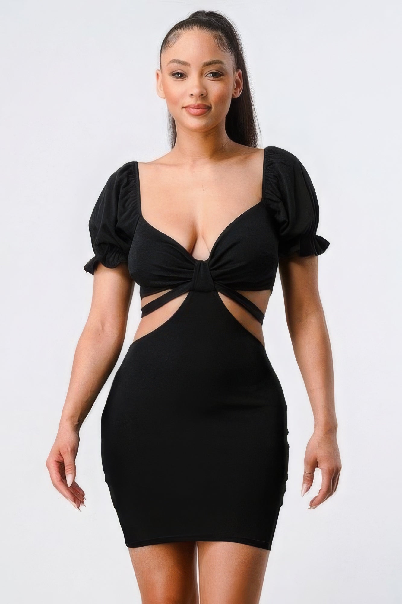 Black Back-Tie Ruffle Sleeve Cutout Bodycon Dress - Shopping Therapy, LLC Dress
