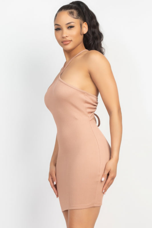 Nude Halter Neck Open Back Bodycon Mini Dress - Shopping Therapy, LLC Dress
