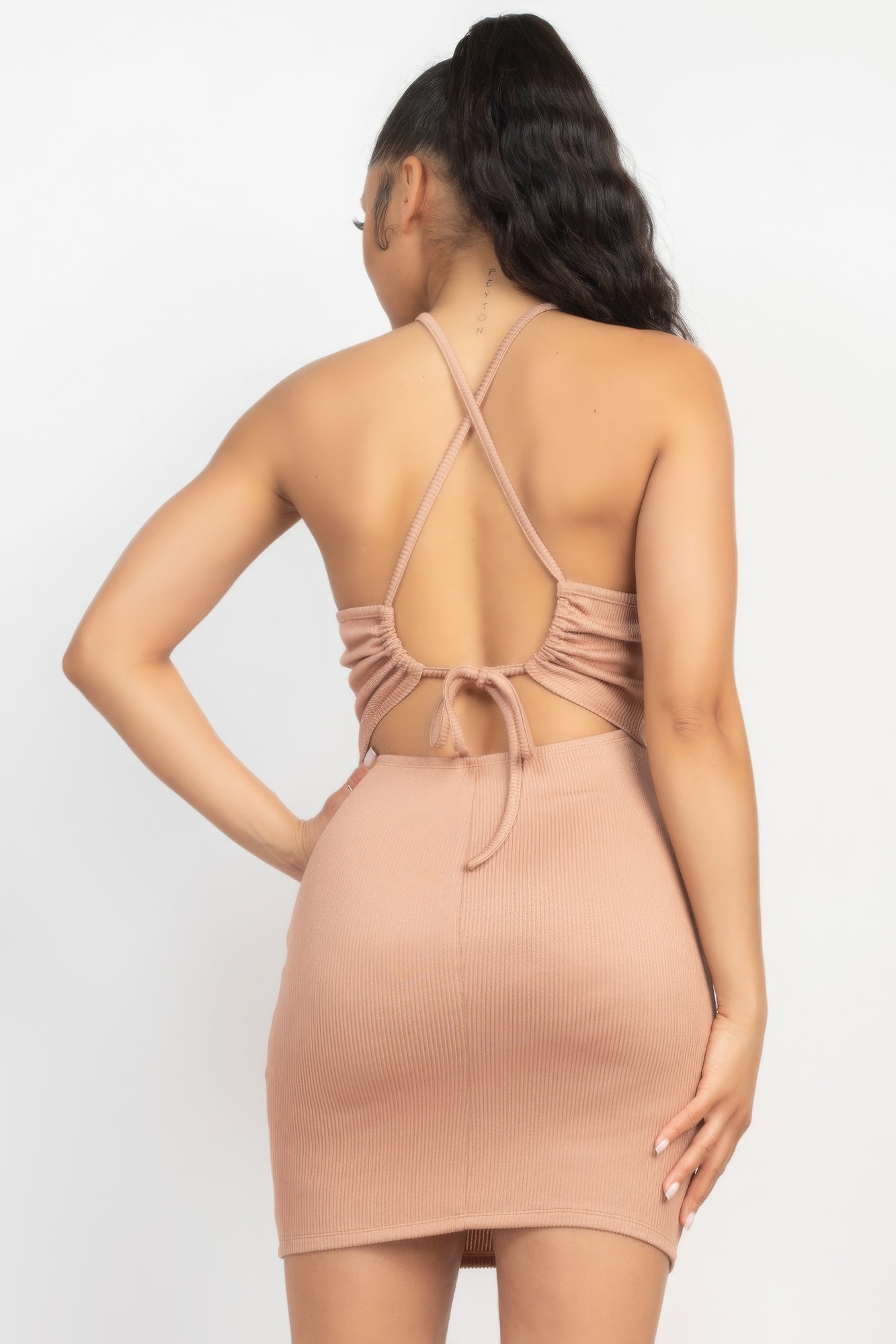 Nude Halter Neck Open Back Bodycon Mini Dress - Shopping Therapy, LLC Dress