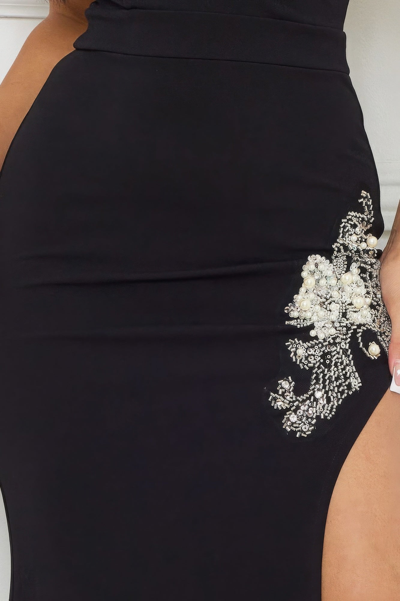 Black Beaded Embroidered Maxi Dress With Side Slit - Shopping Therapy, LLC Maxi Dresses