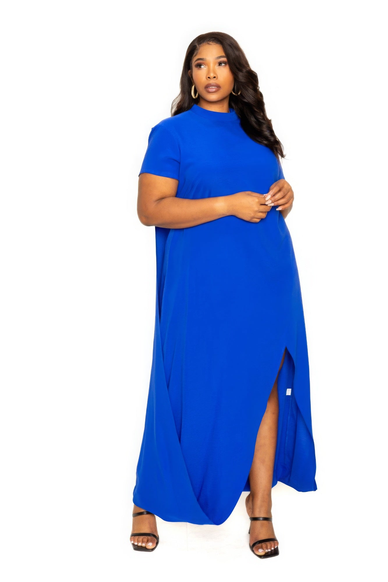 Elegant Royal Blue Mock Neck Cape Maxi Dress – Formal Evening Gown - Shopping Therapy, LLC Dresses