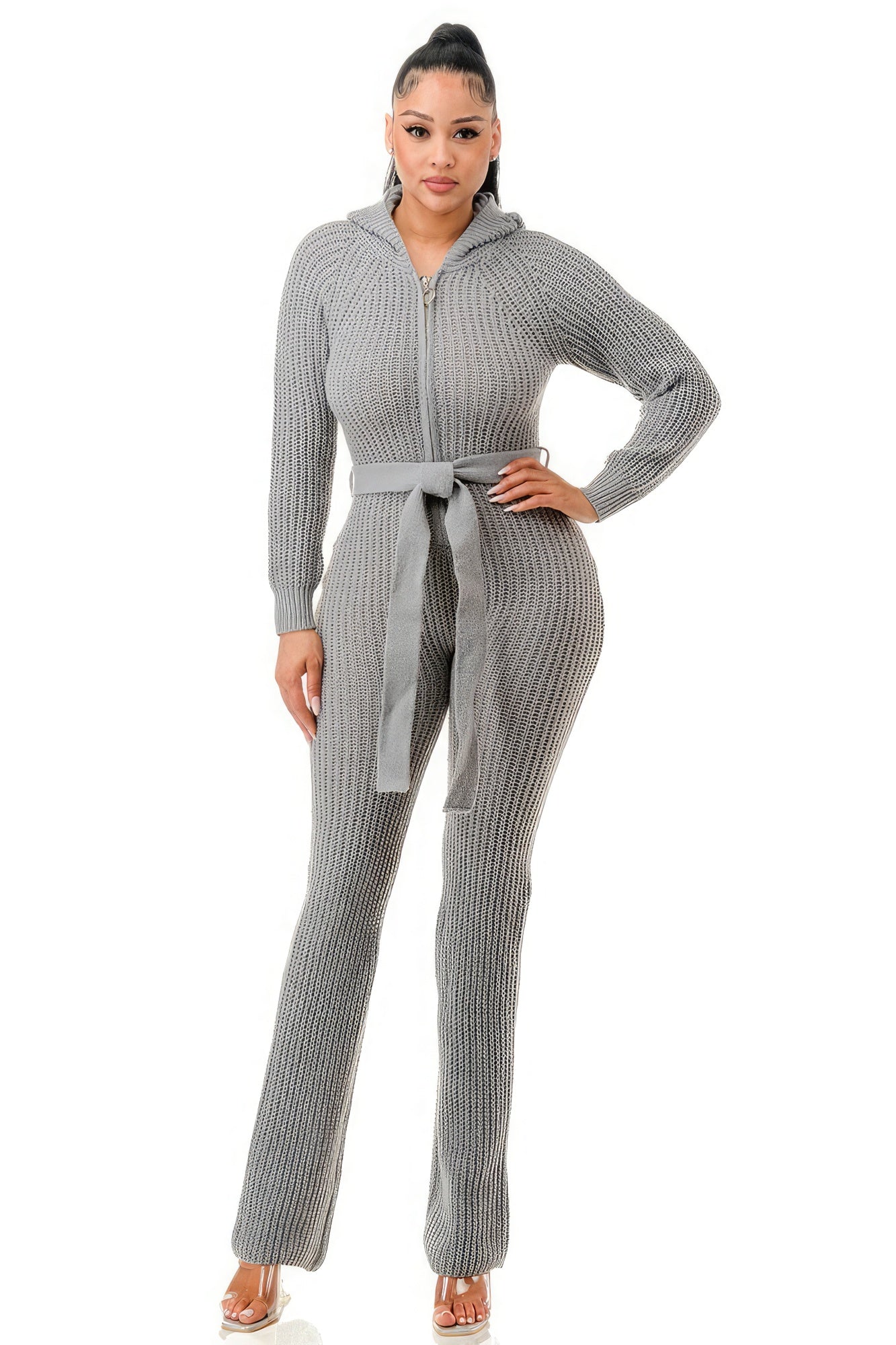 Gray Straight Leg Knit Hooded Jumpsuit-Trendy, Fashionable & Warm - Shopping Therapy, LLC Jumpsuit