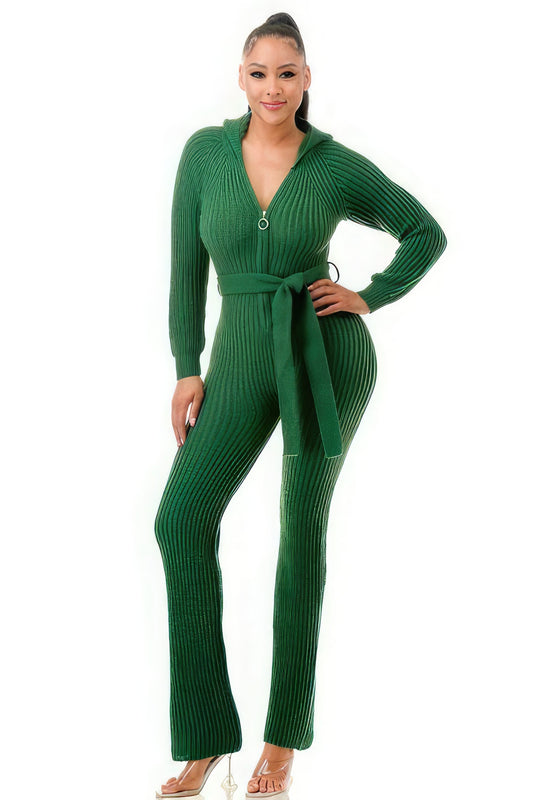 Green Straight Leg Knit Hooded Jumpsuit - Shopping Therapy, LLC