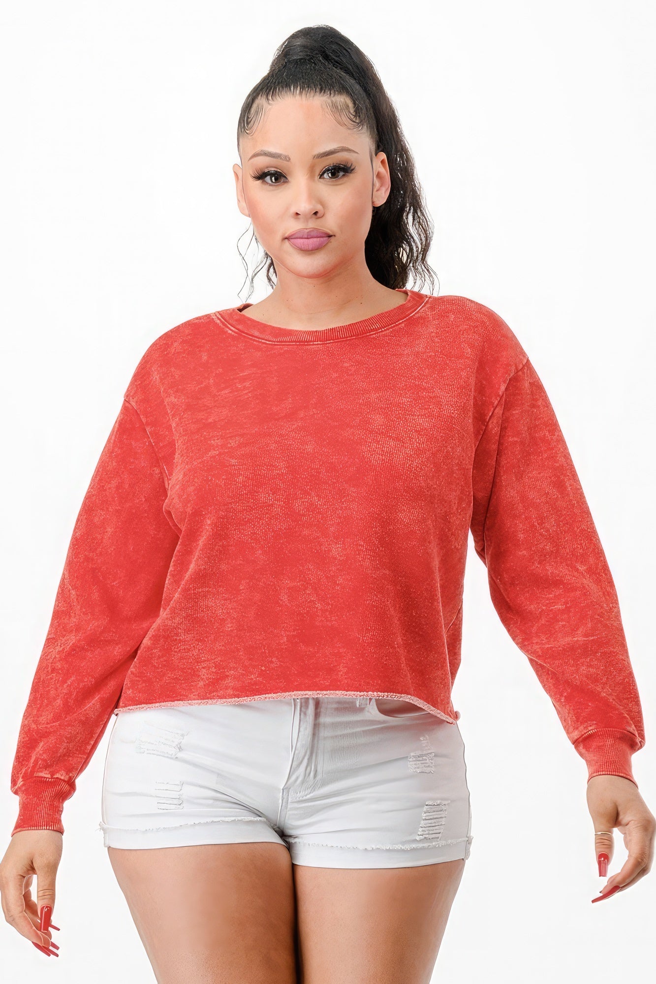 Red French Terry Long Sleeve Sweatshirt |Cozy Mineral Wash - Shopping Therapy, LLC Sweatshirt