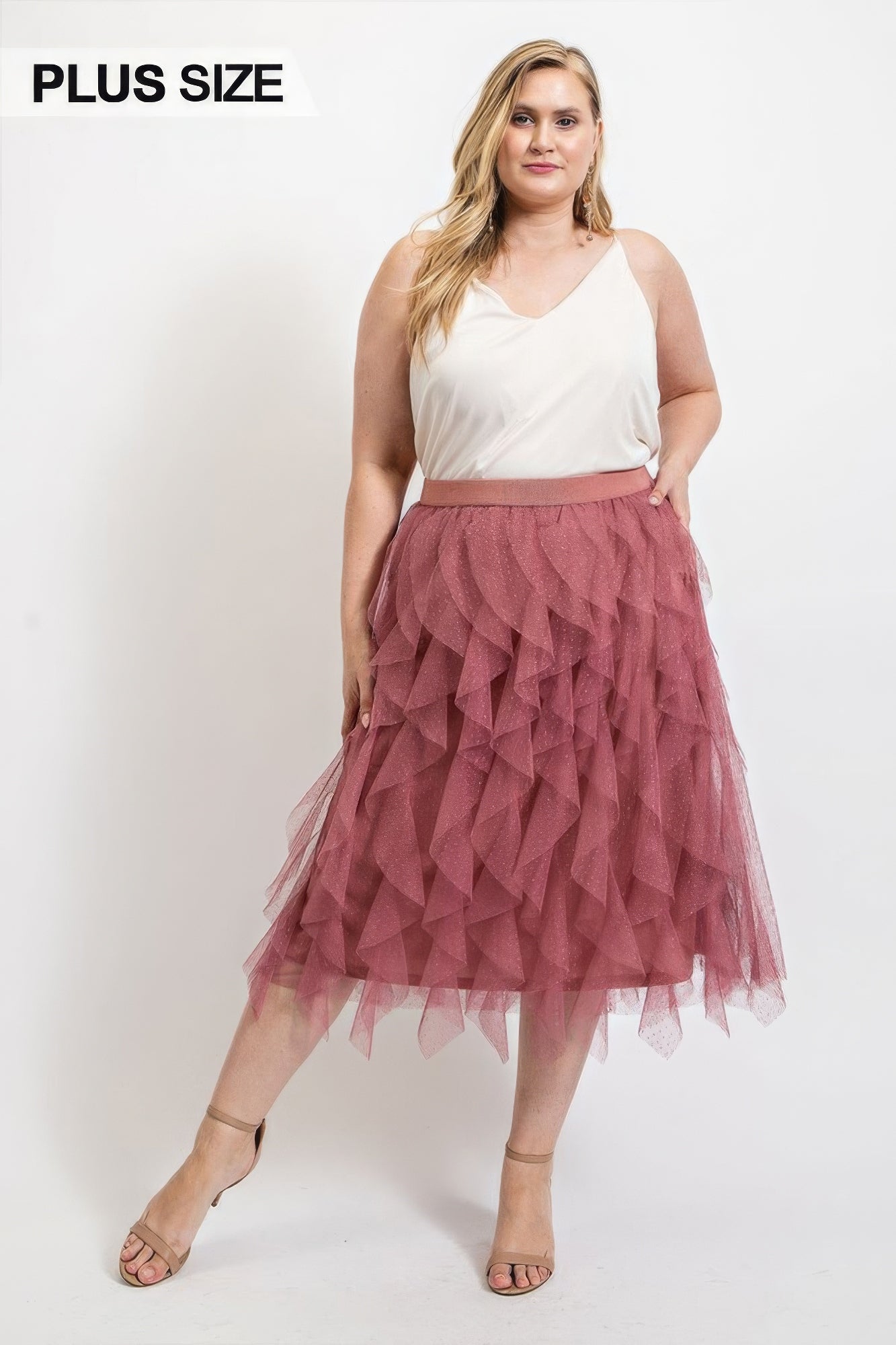 Dusty Rose Ruffled Tulle Midi Skirt - Feminine Elegance - Shopping Therapy, LLC women's skirts