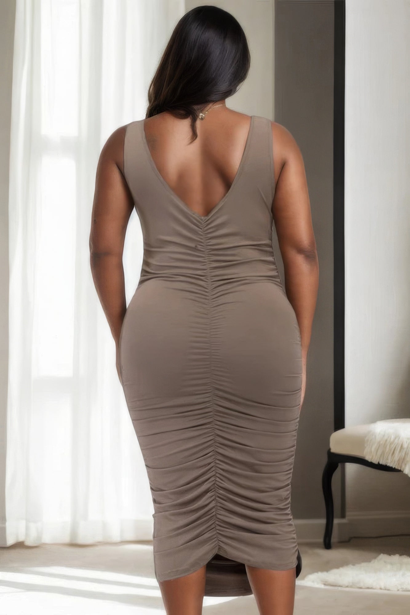 Taupe Plus Size Ruched Midi Dress - Shopping Therapy, LLC Dress