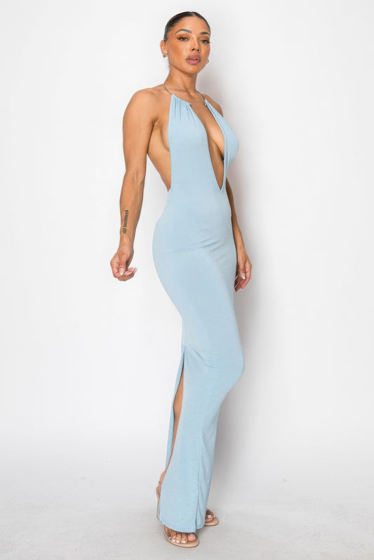 Exquisite Light Blue Halter Neck Maxi Dress – Elegant Evening Gown - Shopping Therapy, LLC Maxi Dresses