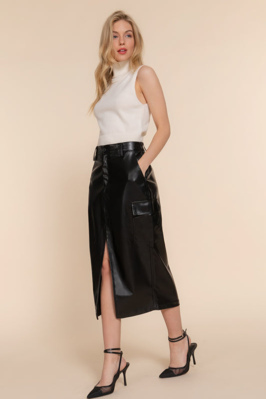 Black Faux Leather Midi Cargo Skirt - Shopping Therapy, LLC Skirt