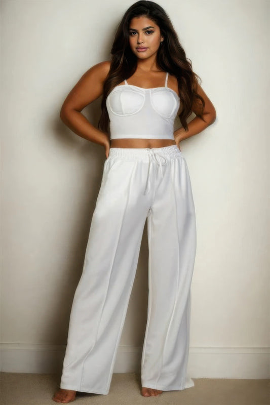 White Plus Size Bustier Cami Crop Top & Pants Set – Chic and Modern Look - Shopping Therapy, LLC Sets