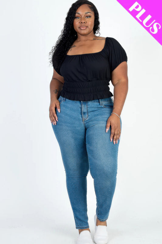 Black Plus Size Ruched Short Sleeve Ribbed Knit Top – Effortless Style & Flattering Fit - Shopping Therapy, LLC Tops