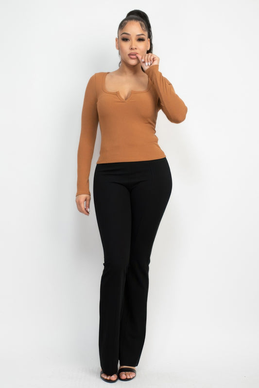 Light Brown V-Neck Long Sleeve Top – Stylish & Comfortable - Shopping Therapy, LLC