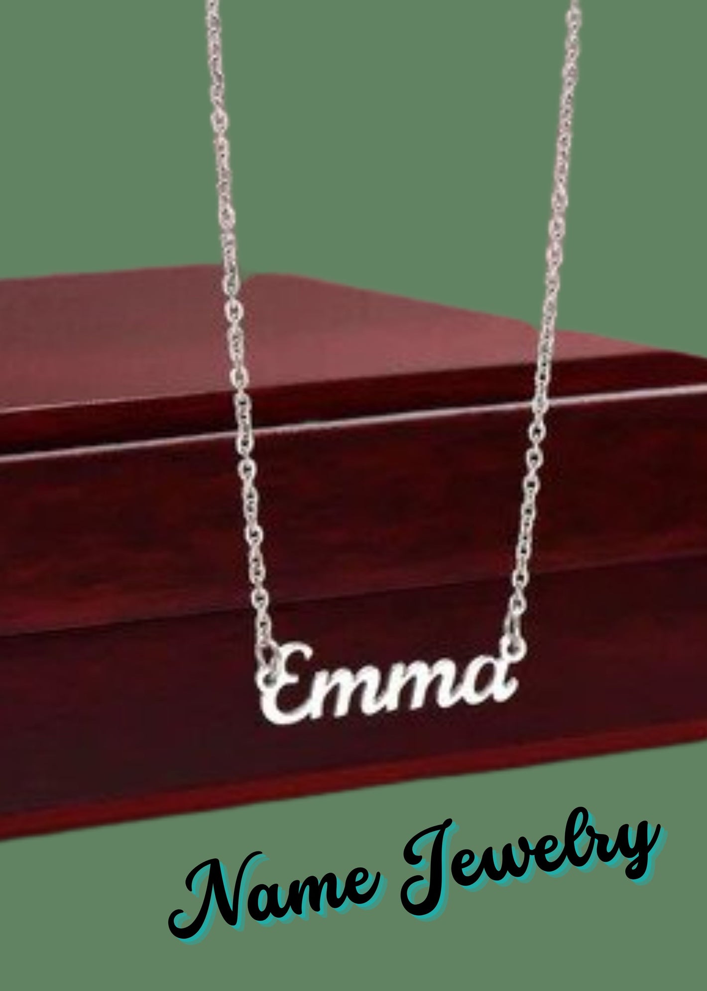 Mahagony Jewelry box with hanging name necklace Emma from our collection of name necklaces