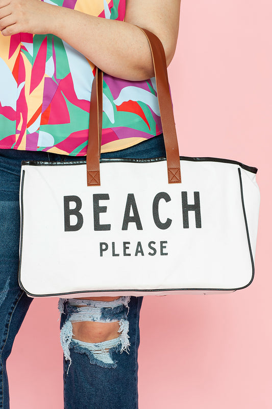 White BEACH PLEASE Print Large Canvas Tote Bag - Shopping Therapy, LLC Shoes & Bags/Handbags