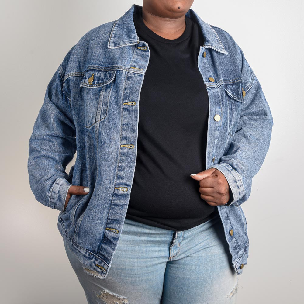 Coffee Or Middle Fingers Over-sized Boyfriend Denim Jacket - Shopping Therapy, LLC Denim Jackets