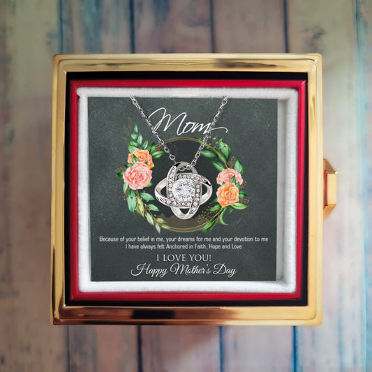 Love Knot Necklace Mother's Day Gift with Preserved Rose in Rotating Box – 14K White Gold Finish & Cubic Zirconia - Shopping Therapy, LLC Jewelry