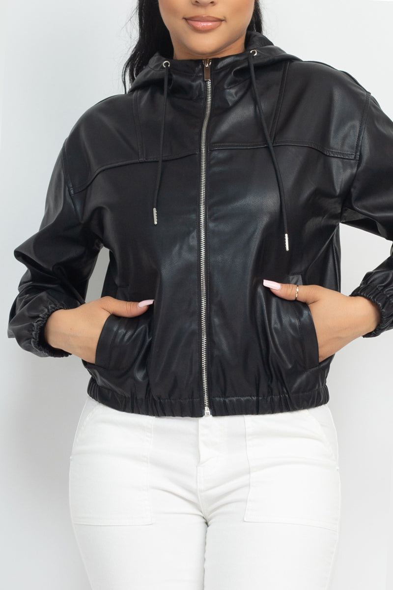Faux Leather Black Hoodie Bomber Jacket