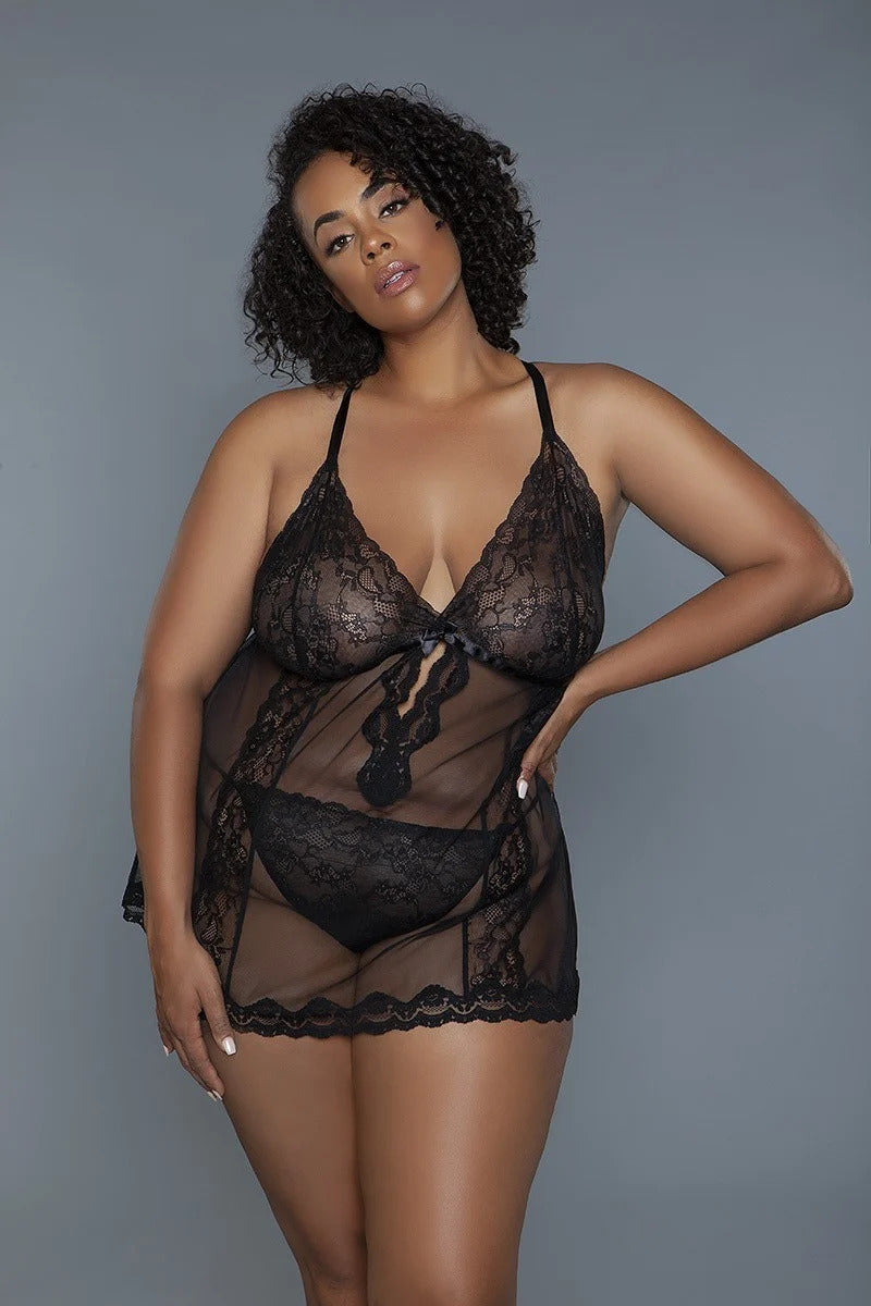 Black Wire-Free Lingerie Babydoll Thong Set - Shopping Therapy 1XL Lingerie
