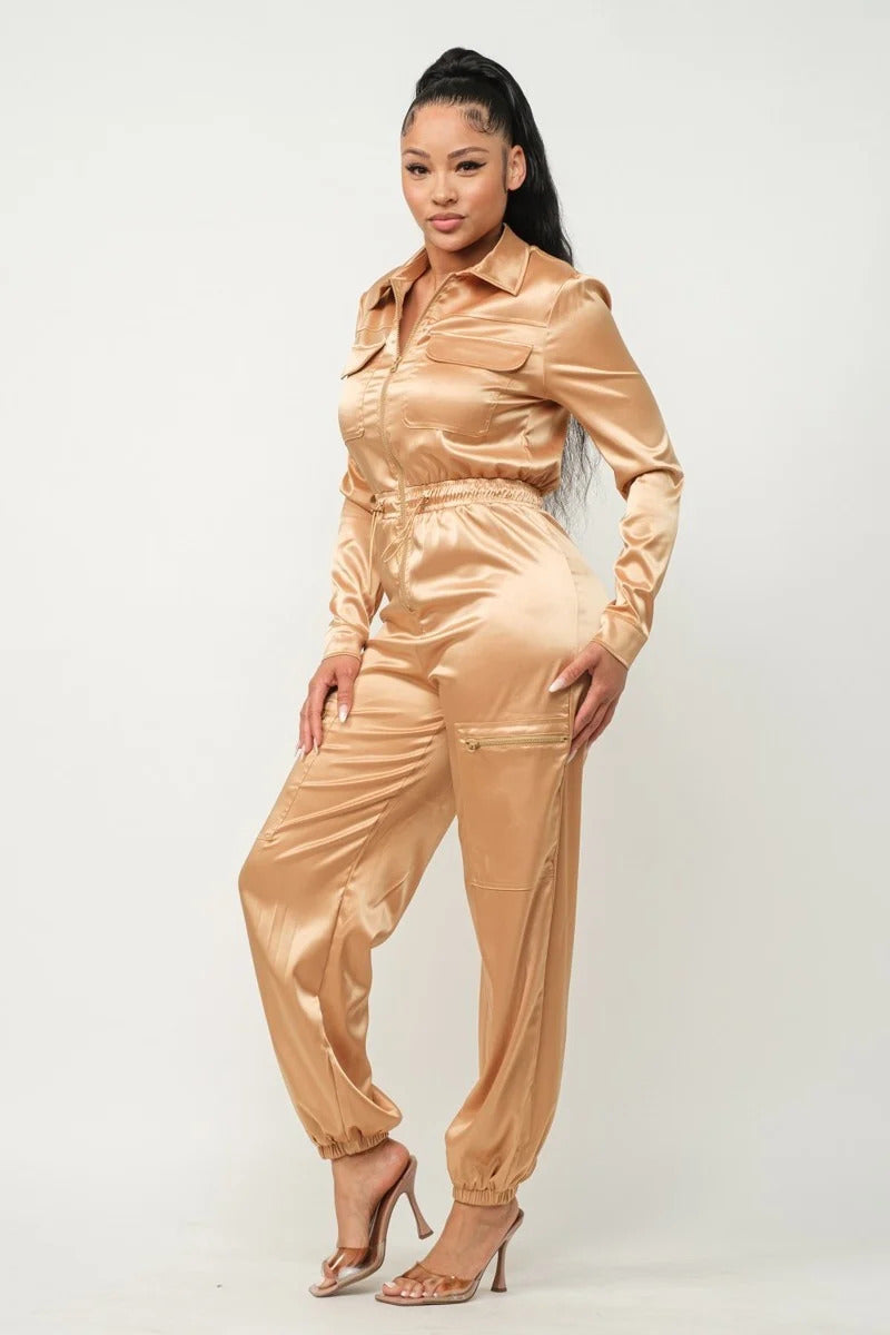 Long Sleeve Gold Satin Jogger Jumpsuit