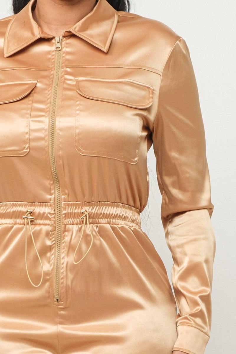 Long Sleeve Gold Satin Jogger Jumpsuit