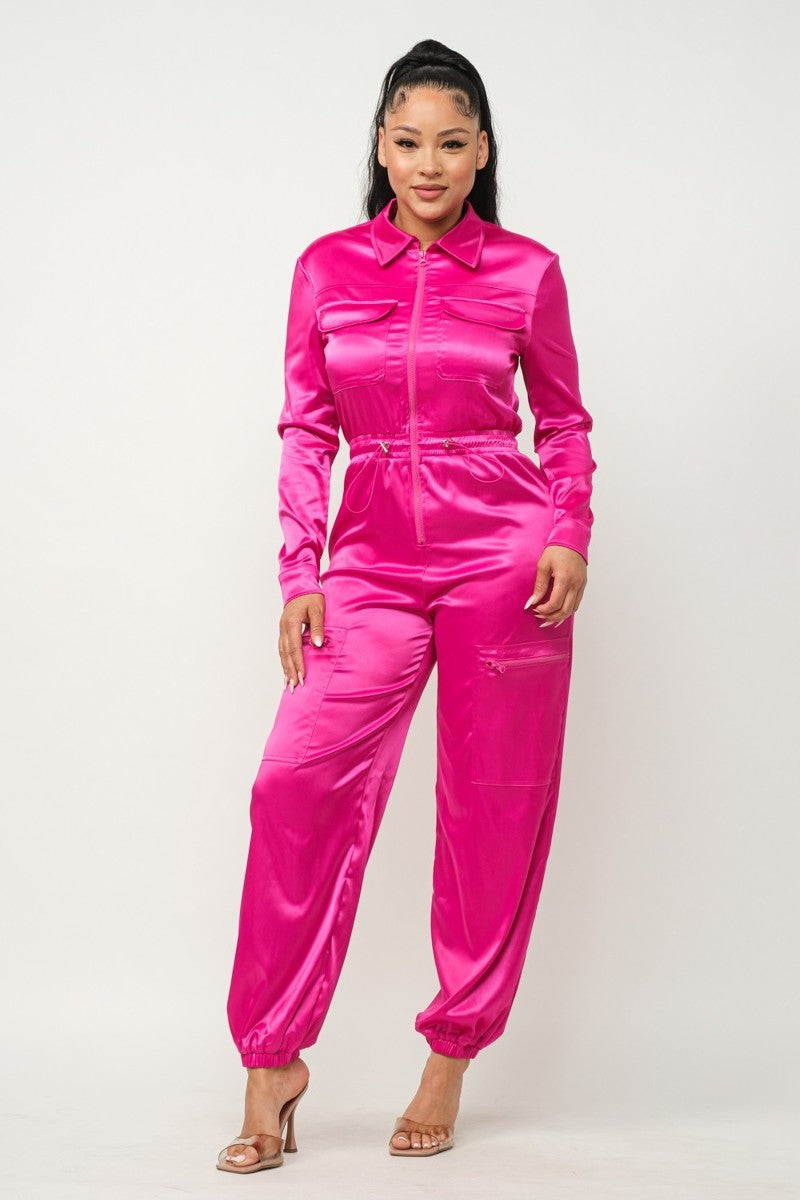 Long Sleeve Fuchsia Satin Jogger Jumpsuit