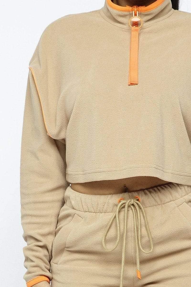 Beige Long Sleeve Crop Top And Shorts Set - Shopping Therapy, LLC Short Set