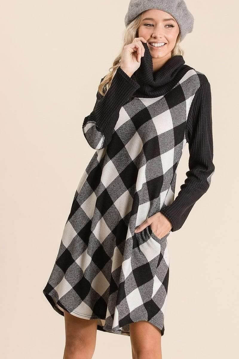 Black Long Sleeve Buffalo Plaid Swing Dress - Shopping Therapy M Dresses
