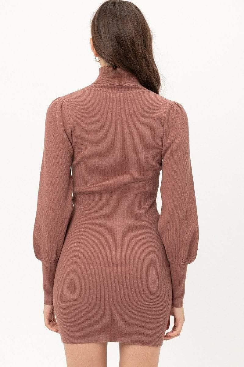 Brown Long Sleeve Turtleneck Mini Sweater Dress - Shopping Therapy, LLC Dress