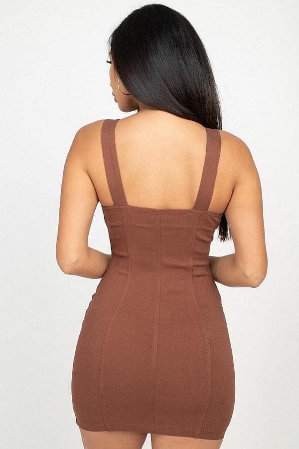 Brown Sleeveless Mini Dress With Front Zipper - Shopping Therapy, LLC Dress
