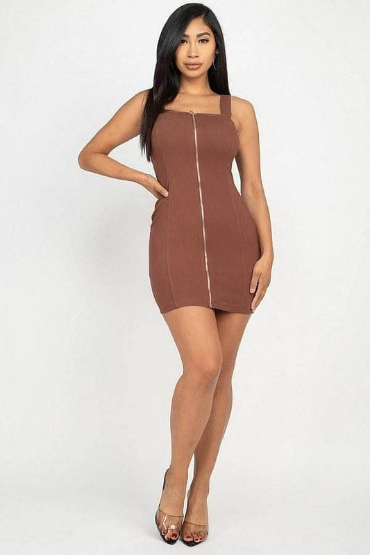 Brown Sleeveless Mini Dress With Front Zipper - Shopping Therapy, LLC Dress