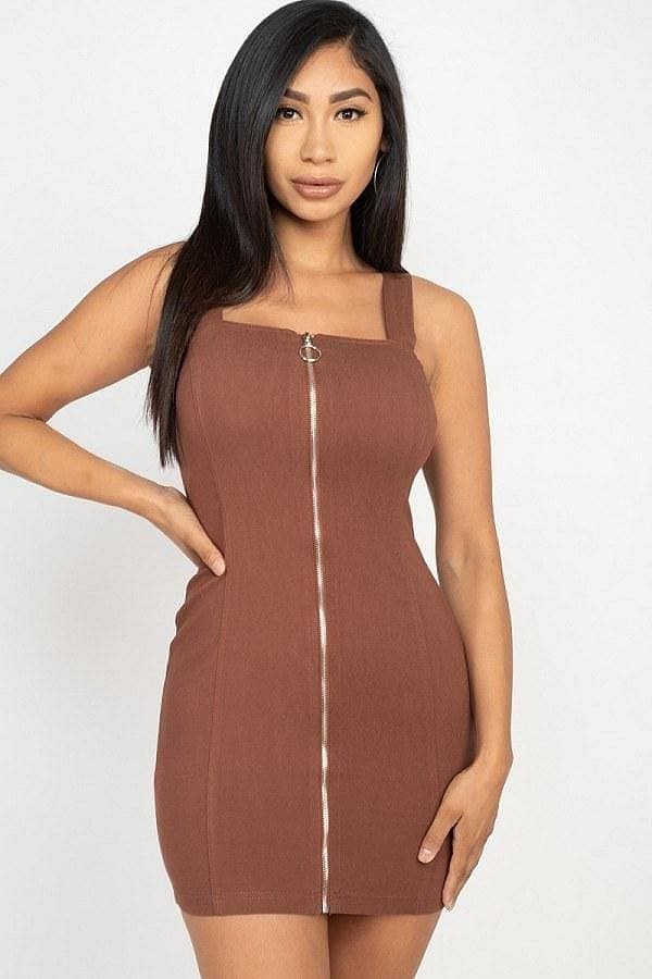 Brown Sleeveless Open Back Mini Dress With Front Zipper - Shopping Therapy, LLC Dress