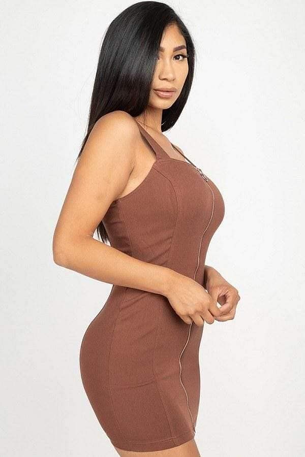 Brown Sleeveless Open Back Mini Dress With Front Zipper - Shopping Therapy, LLC Dress
