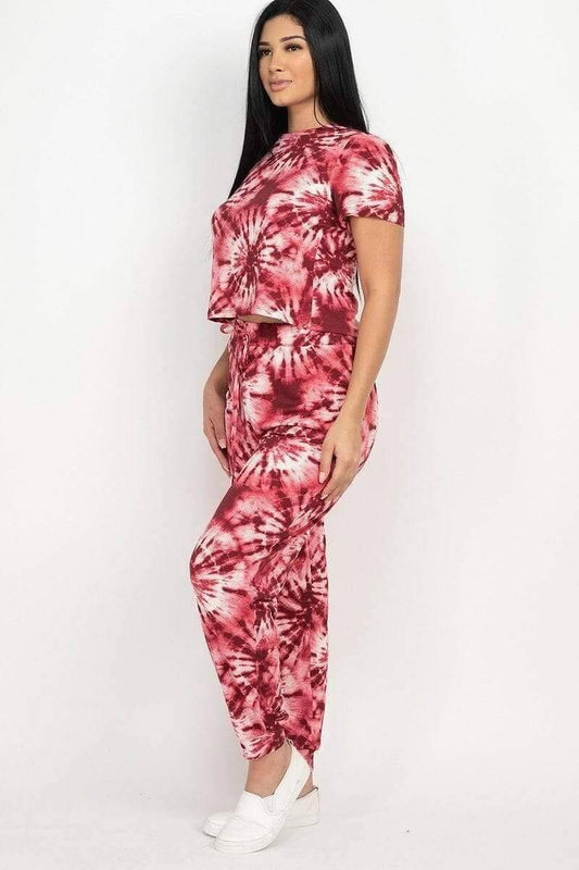 Burgundy Short Sleeve Tie-Dye Top And Pants Set - Shopping Therapy, LLC Outfit Sets