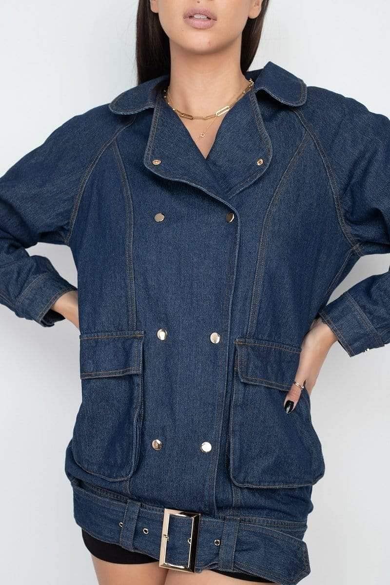 Dark Denim Long Sleeve Belted Jacket - Shopping Therapy M Jacket