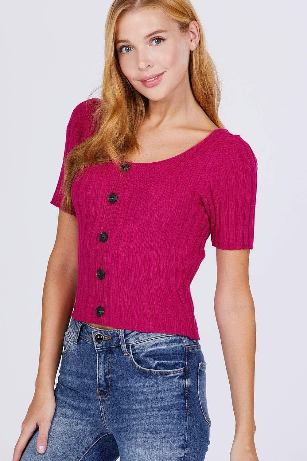 Fuchsia Short Sleeve Rib Knitted Sweater - Shopping Therapy, LLC Top