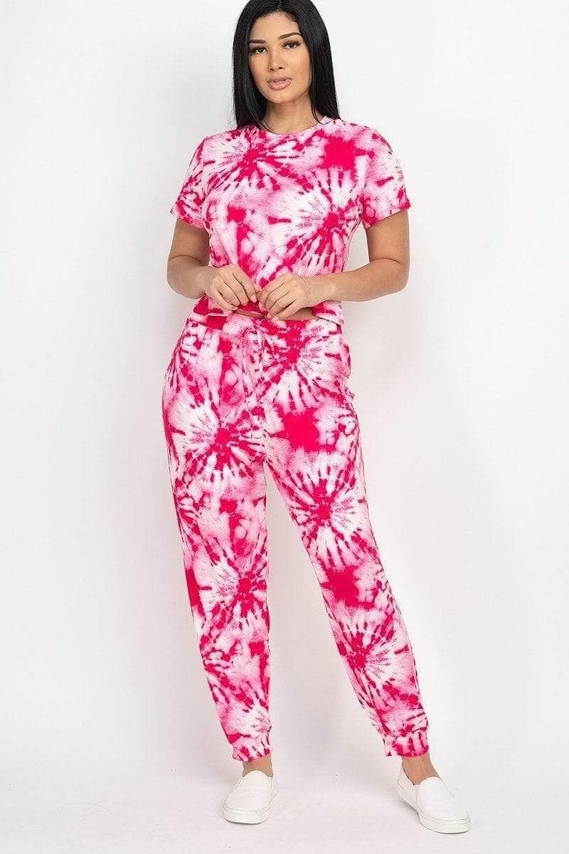 Fushia Short Sleeve Tie-Dye Top And Pants Set - Shopping Therapy, LLC Sets