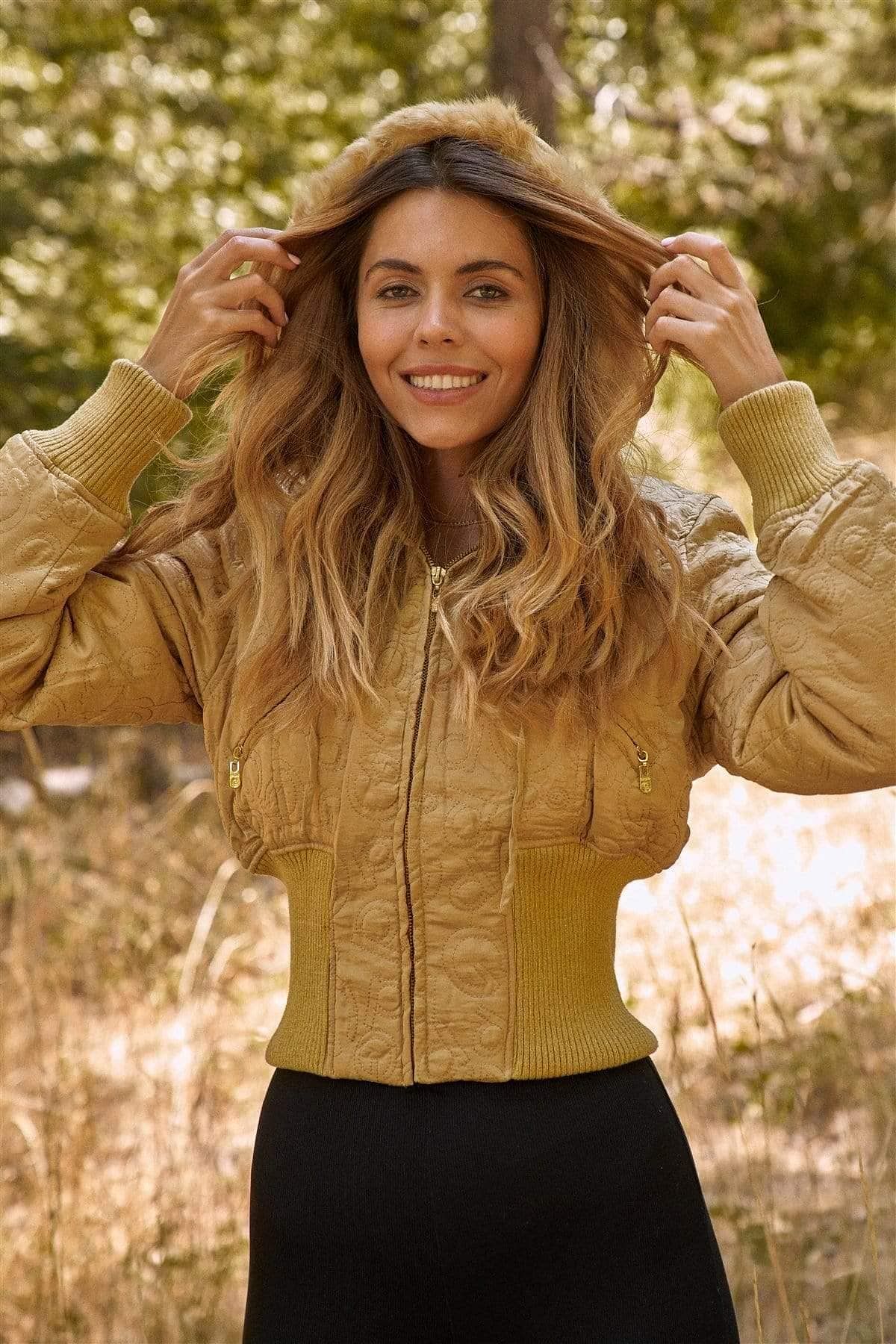 Gold Long Sleeve Faux Fur Winter Bomber Jacket - Shopping Therapy, LLC Jackets