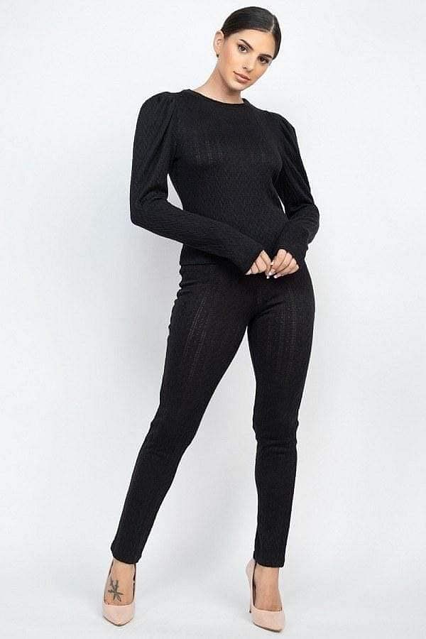 Long Puff Sleeve Ribbed Knit Sheer Top And Pant Set - Shopping Therapy Sets