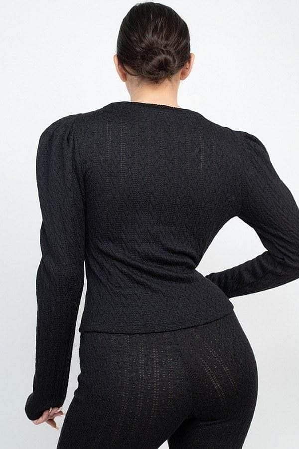 Long Puff Sleeve Ribbed Knit Sheer Top And Pant Set - Shopping Therapy S Sets