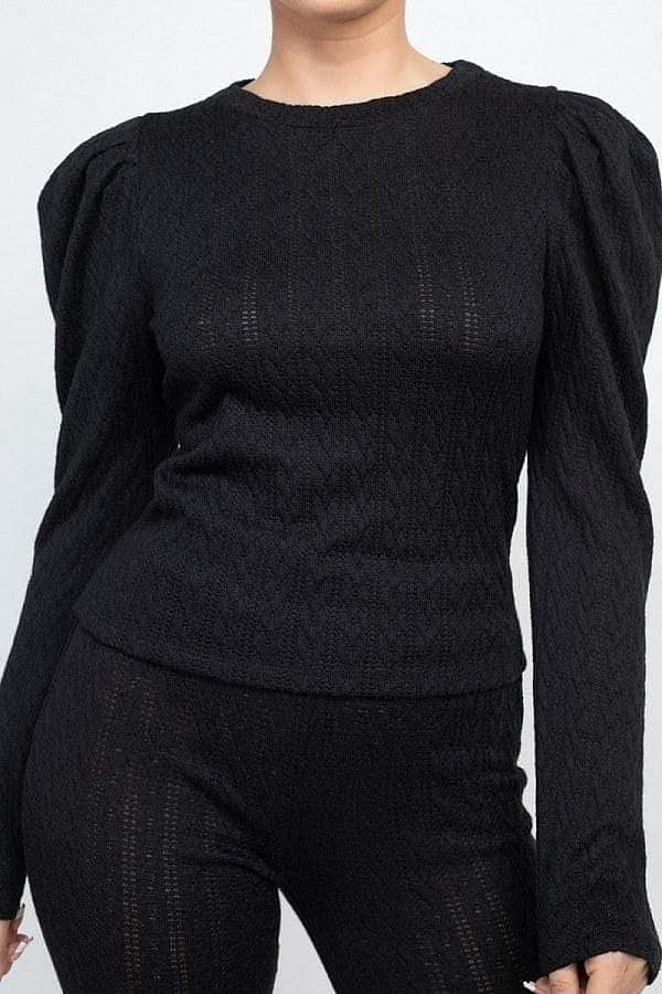 Long Puff Sleeve Ribbed Knit Sheer Top And Pant Set - Shopping Therapy, LLC Sets