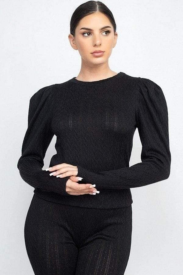 Long Puff Sleeve Ribbed Knit Sheer Top And Pant Set - Shopping Therapy Sets